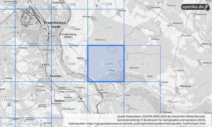 Übersichtskarte des KOSTRA-DWD-2020-Rasterfeldes Nr. 113209