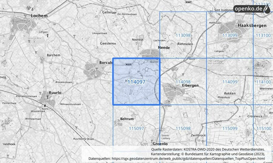 Übersichtskarte des KOSTRA-DWD-2020-Rasterfeldes Nr. 114097