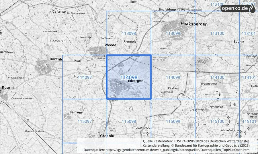 Übersichtskarte des KOSTRA-DWD-2020-Rasterfeldes Nr. 114098