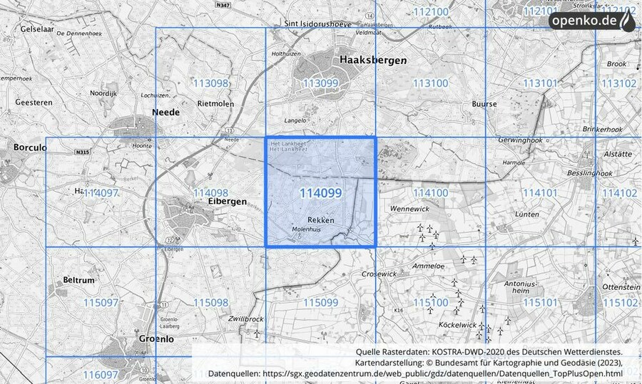 Übersichtskarte des KOSTRA-DWD-2020-Rasterfeldes Nr. 114099