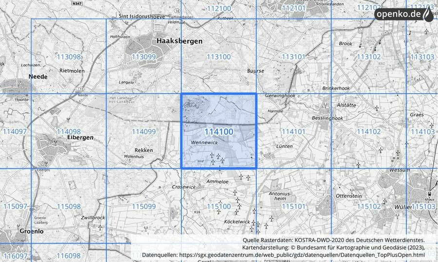 Übersichtskarte des KOSTRA-DWD-2020-Rasterfeldes Nr. 114100