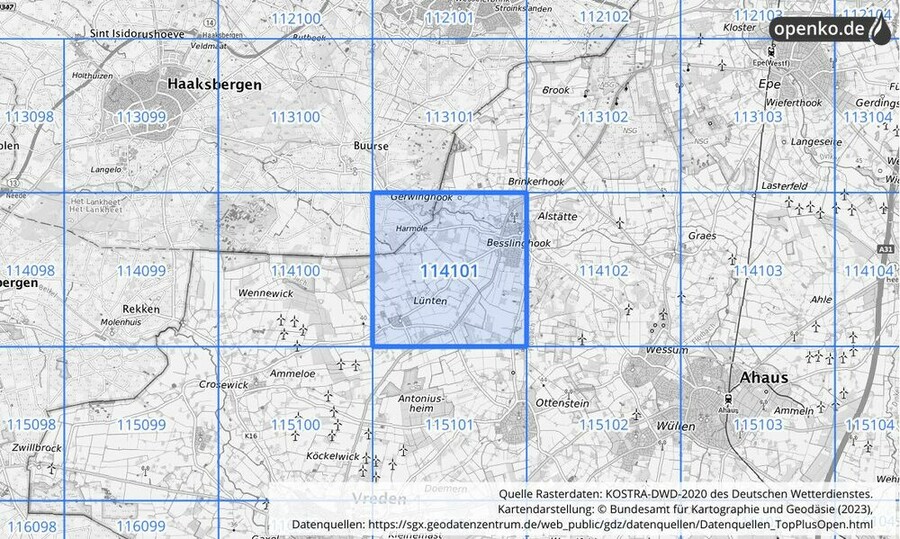 Übersichtskarte des KOSTRA-DWD-2020-Rasterfeldes Nr. 114101