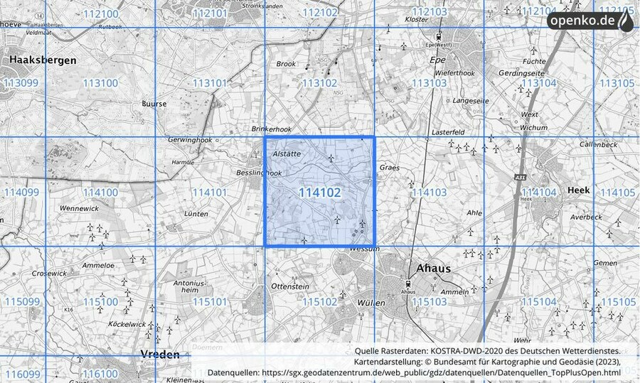 Übersichtskarte des KOSTRA-DWD-2020-Rasterfeldes Nr. 114102