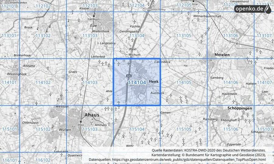 Übersichtskarte des KOSTRA-DWD-2020-Rasterfeldes Nr. 114104