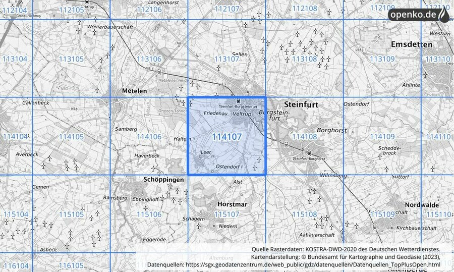 Übersichtskarte des KOSTRA-DWD-2020-Rasterfeldes Nr. 114107