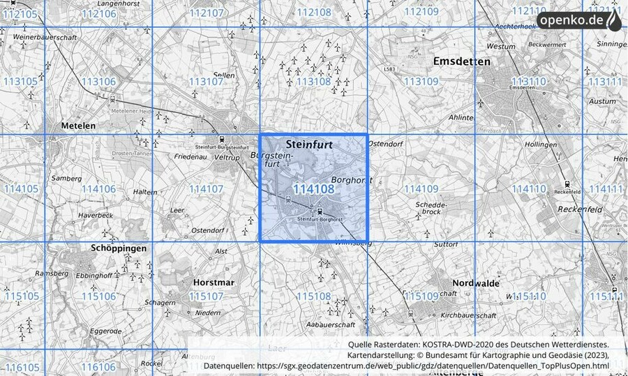 Übersichtskarte des KOSTRA-DWD-2020-Rasterfeldes Nr. 114108