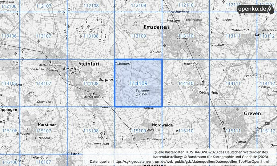 Übersichtskarte des KOSTRA-DWD-2020-Rasterfeldes Nr. 114109