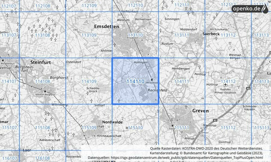 Übersichtskarte des KOSTRA-DWD-2020-Rasterfeldes Nr. 114110