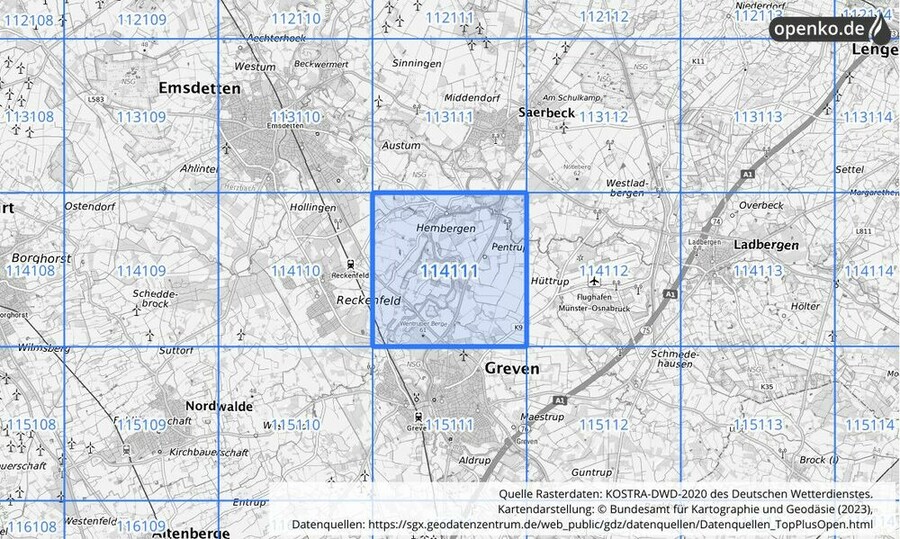 Übersichtskarte des KOSTRA-DWD-2020-Rasterfeldes Nr. 114111