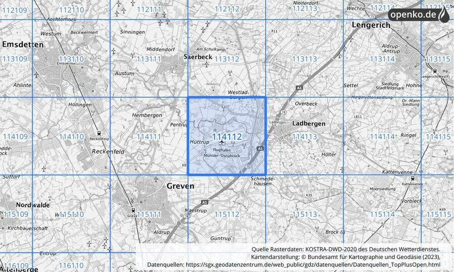 Übersichtskarte des KOSTRA-DWD-2020-Rasterfeldes Nr. 114112