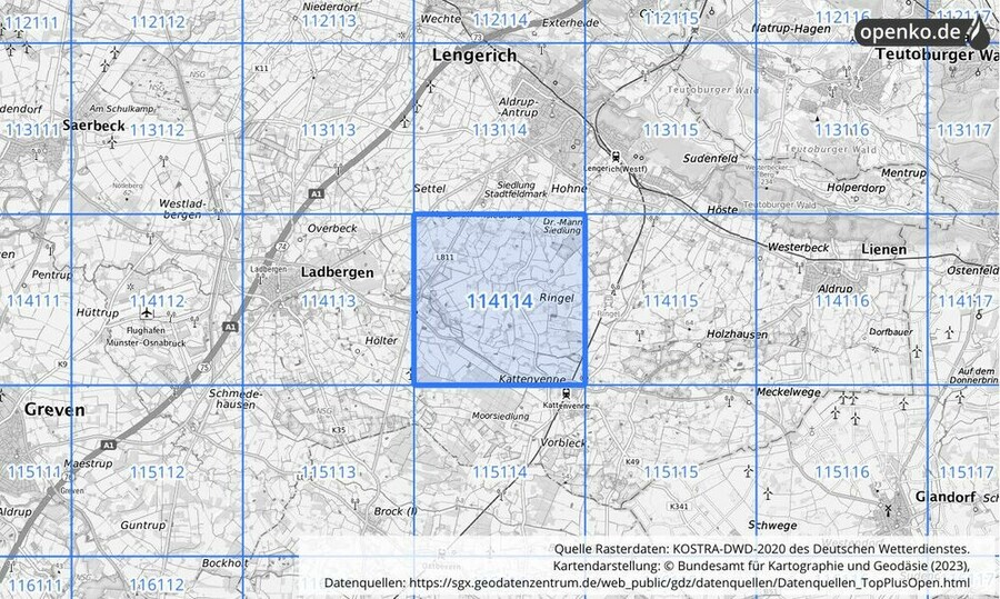 Übersichtskarte des KOSTRA-DWD-2020-Rasterfeldes Nr. 114114