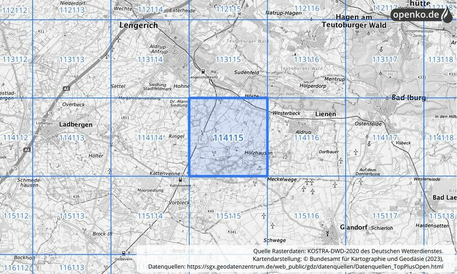 Übersichtskarte des KOSTRA-DWD-2020-Rasterfeldes Nr. 114115