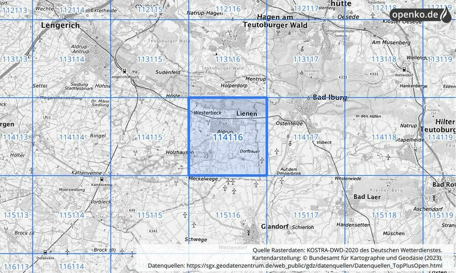 Übersichtskarte des KOSTRA-DWD-2020-Rasterfeldes Nr. 114116