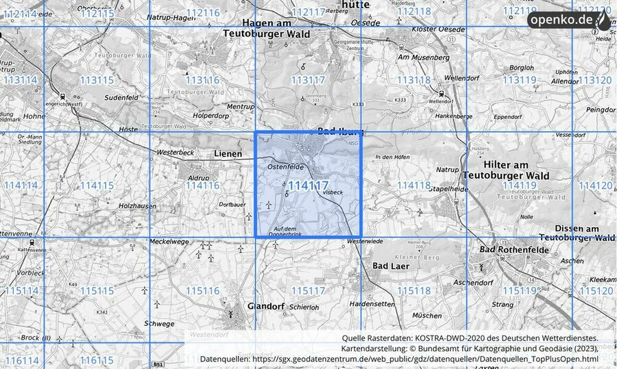 Übersichtskarte des KOSTRA-DWD-2020-Rasterfeldes Nr. 114117