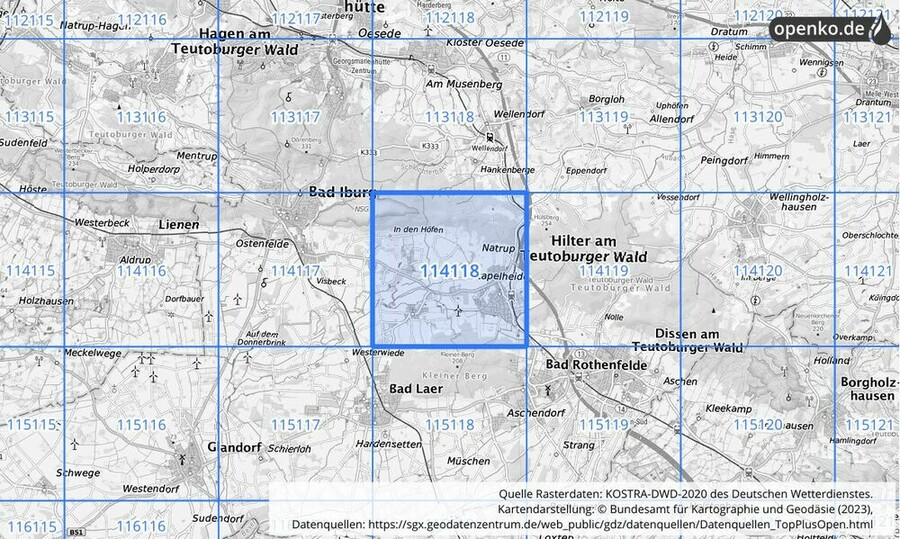 Übersichtskarte des KOSTRA-DWD-2020-Rasterfeldes Nr. 114118