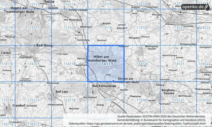 Übersichtskarte des KOSTRA-DWD-2020-Rasterfeldes Nr. 114119