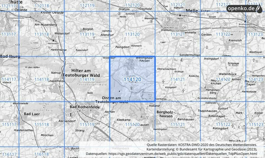 Übersichtskarte des KOSTRA-DWD-2020-Rasterfeldes Nr. 114120