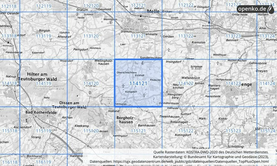 Übersichtskarte des KOSTRA-DWD-2020-Rasterfeldes Nr. 114121