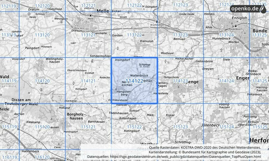 Übersichtskarte des KOSTRA-DWD-2020-Rasterfeldes Nr. 114122