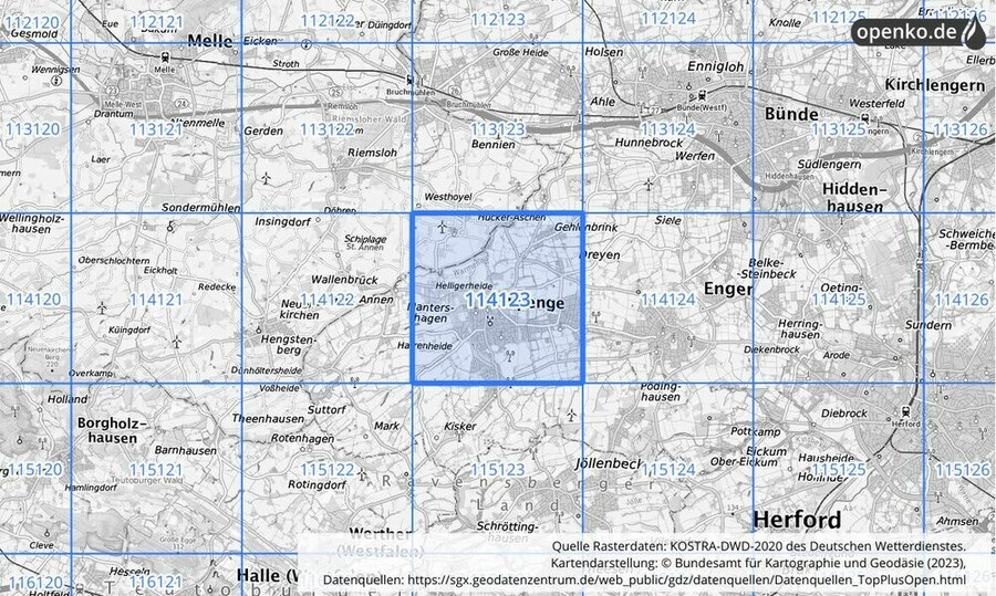 Übersichtskarte des KOSTRA-DWD-2020-Rasterfeldes Nr. 114123