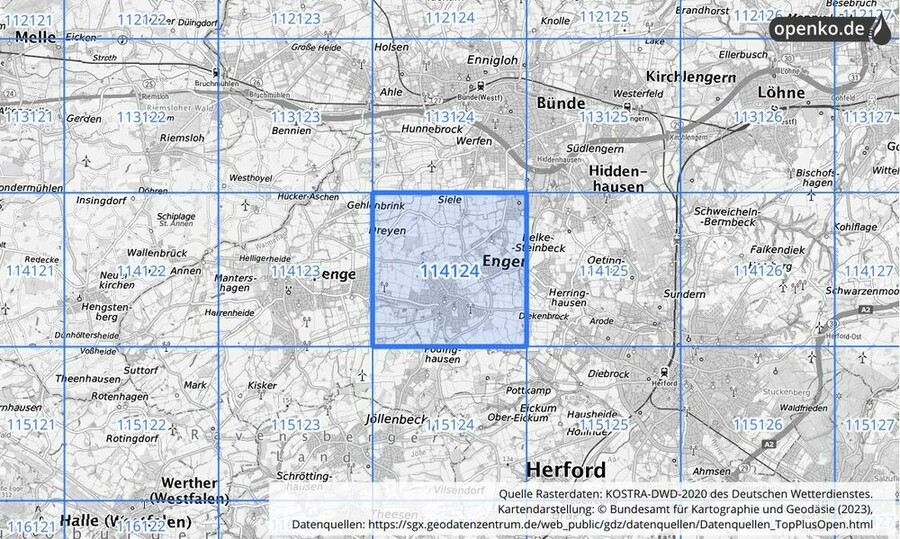 Übersichtskarte des KOSTRA-DWD-2020-Rasterfeldes Nr. 114124