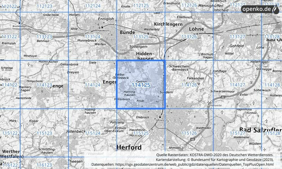 Übersichtskarte des KOSTRA-DWD-2020-Rasterfeldes Nr. 114125