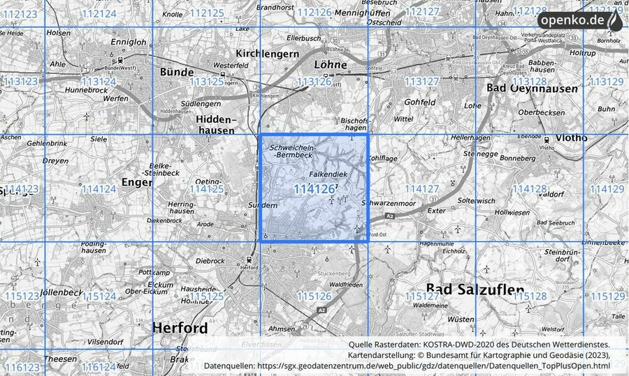 Übersichtskarte des KOSTRA-DWD-2020-Rasterfeldes Nr. 114126