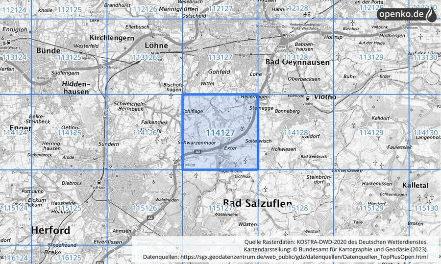 Übersichtskarte des KOSTRA-DWD-2020-Rasterfeldes Nr. 114127