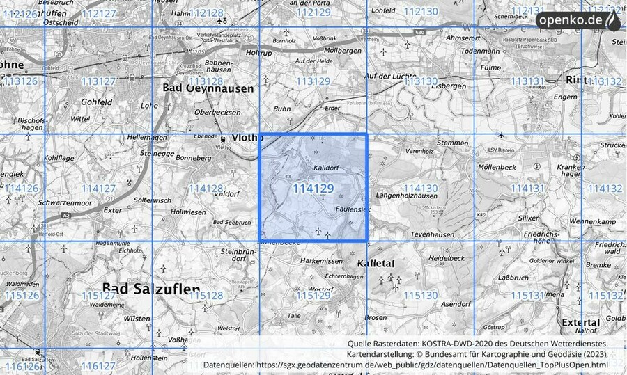 Übersichtskarte des KOSTRA-DWD-2020-Rasterfeldes Nr. 114129