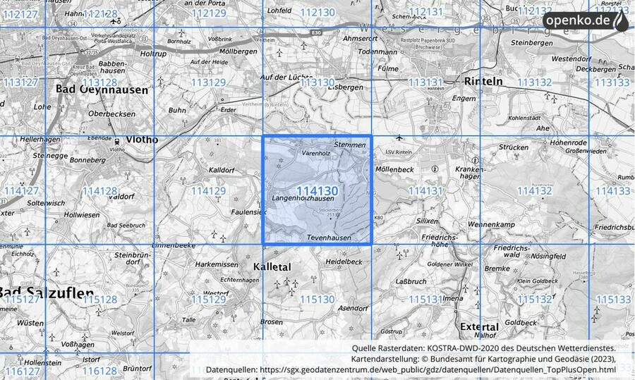 Übersichtskarte des KOSTRA-DWD-2020-Rasterfeldes Nr. 114130