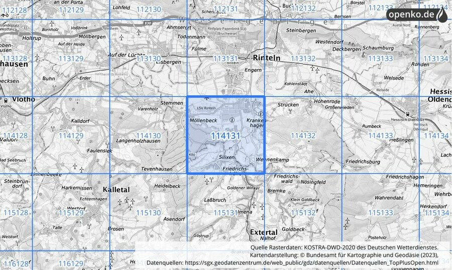 Übersichtskarte des KOSTRA-DWD-2020-Rasterfeldes Nr. 114131