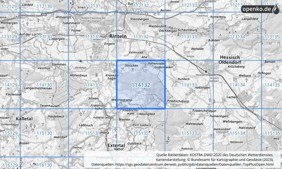 Übersichtskarte des KOSTRA-DWD-2020-Rasterfeldes Nr. 114132