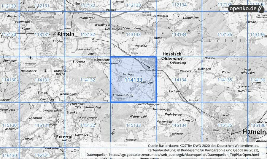 Übersichtskarte des KOSTRA-DWD-2020-Rasterfeldes Nr. 114133