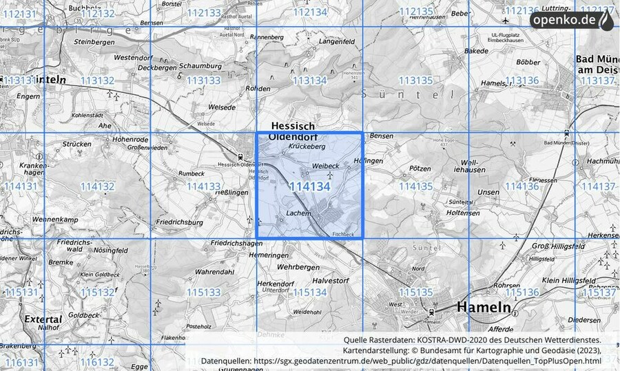 Übersichtskarte des KOSTRA-DWD-2020-Rasterfeldes Nr. 114134