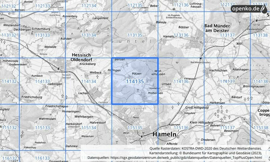 Übersichtskarte des KOSTRA-DWD-2020-Rasterfeldes Nr. 114135