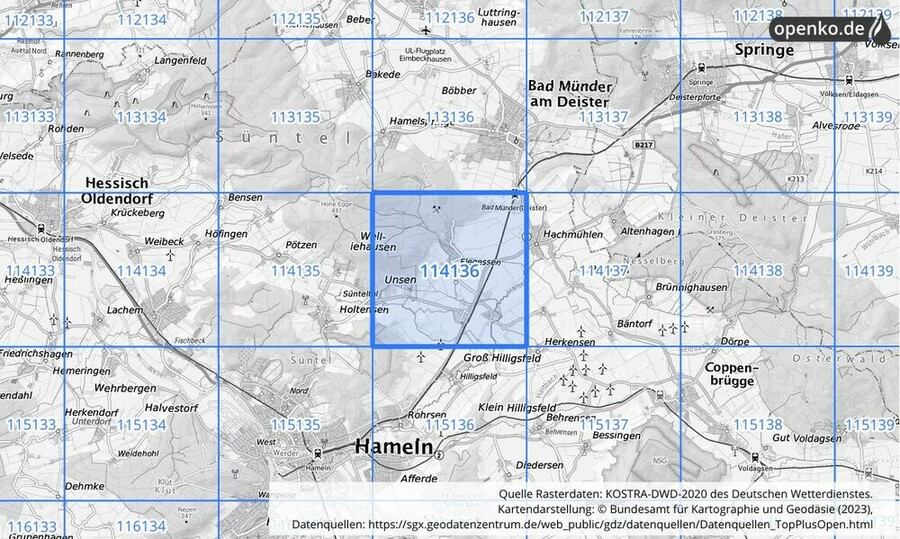 Übersichtskarte des KOSTRA-DWD-2020-Rasterfeldes Nr. 114136