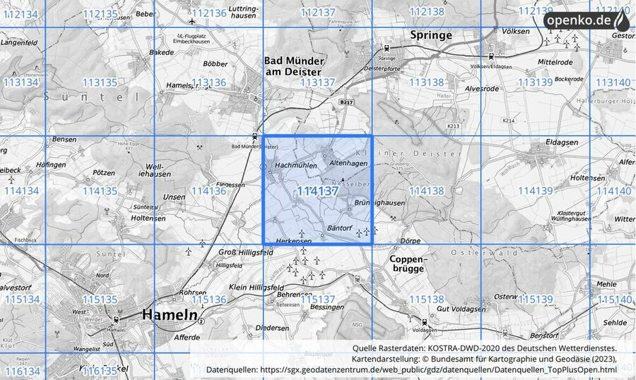 Übersichtskarte des KOSTRA-DWD-2020-Rasterfeldes Nr. 114137