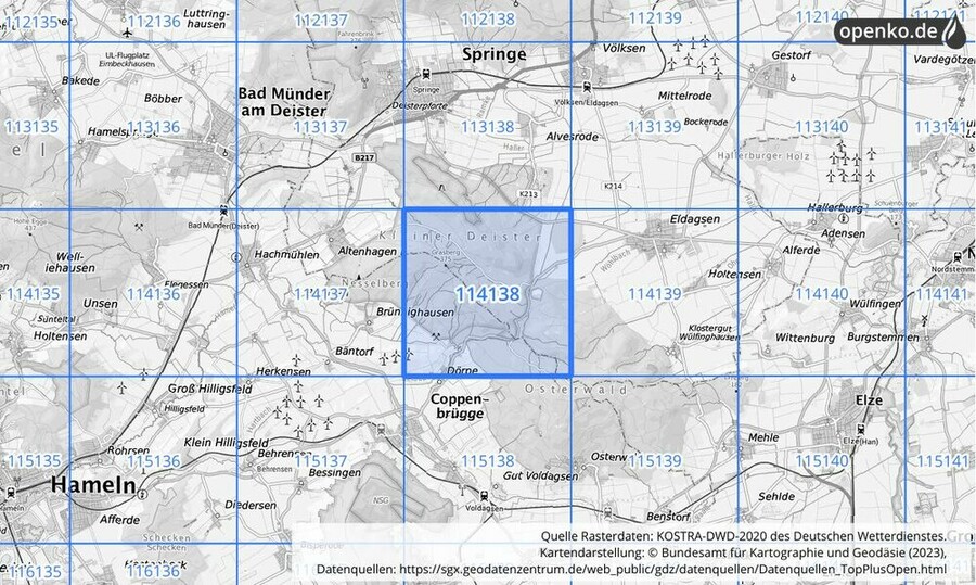 Übersichtskarte des KOSTRA-DWD-2020-Rasterfeldes Nr. 114138