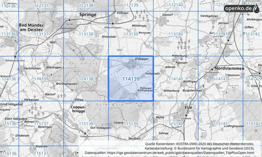 Übersichtskarte des KOSTRA-DWD-2020-Rasterfeldes Nr. 114139