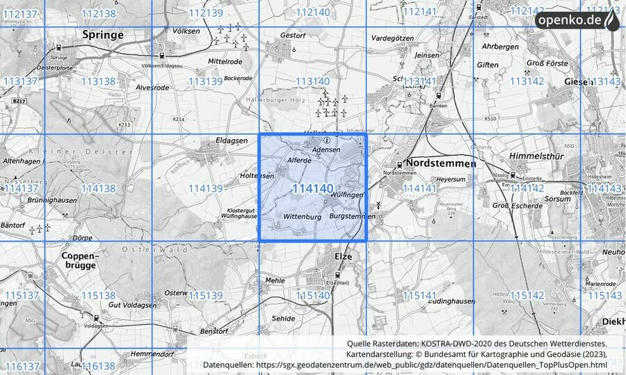 Übersichtskarte des KOSTRA-DWD-2020-Rasterfeldes Nr. 114140