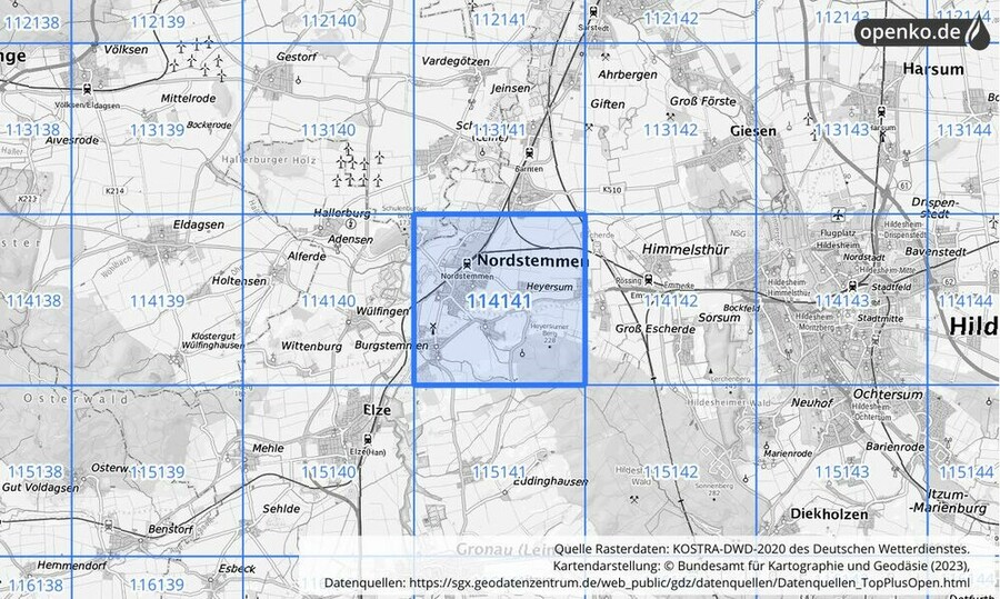 Übersichtskarte des KOSTRA-DWD-2020-Rasterfeldes Nr. 114141