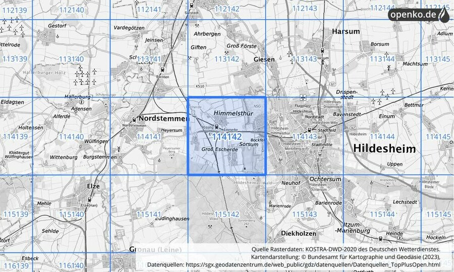 Übersichtskarte des KOSTRA-DWD-2020-Rasterfeldes Nr. 114142