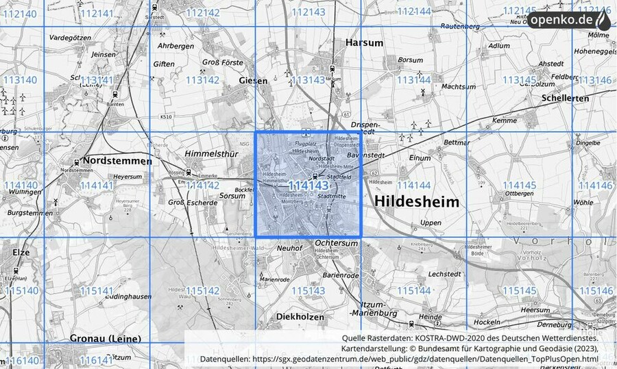 Übersichtskarte des KOSTRA-DWD-2020-Rasterfeldes Nr. 114143