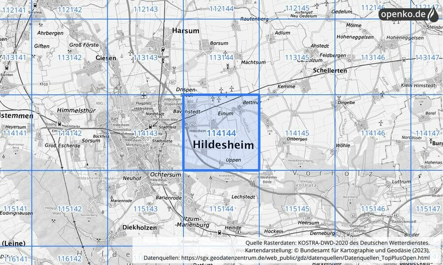 Übersichtskarte des KOSTRA-DWD-2020-Rasterfeldes Nr. 114144