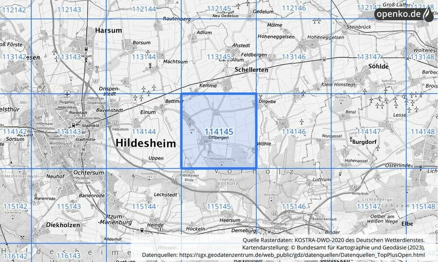 Übersichtskarte des KOSTRA-DWD-2020-Rasterfeldes Nr. 114145