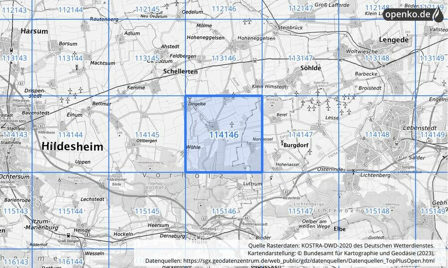 Übersichtskarte des KOSTRA-DWD-2020-Rasterfeldes Nr. 114146