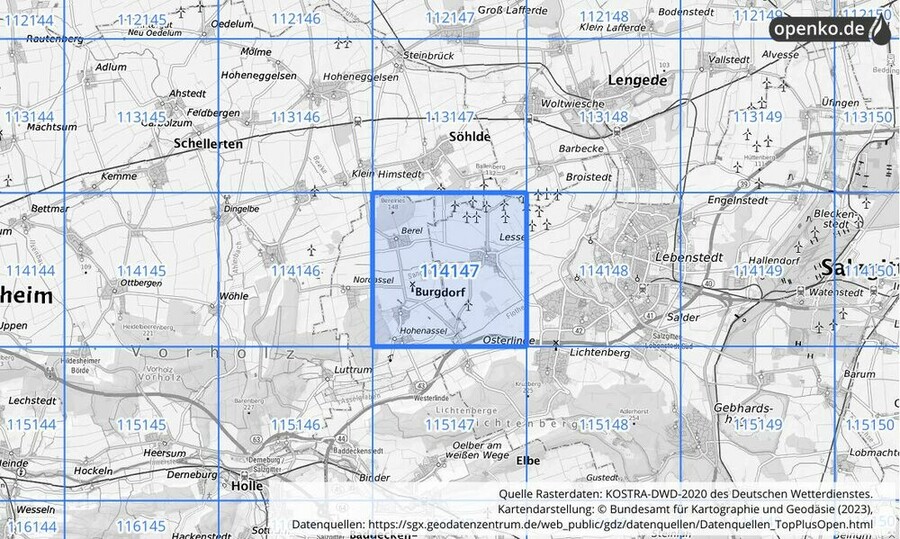 Übersichtskarte des KOSTRA-DWD-2020-Rasterfeldes Nr. 114147