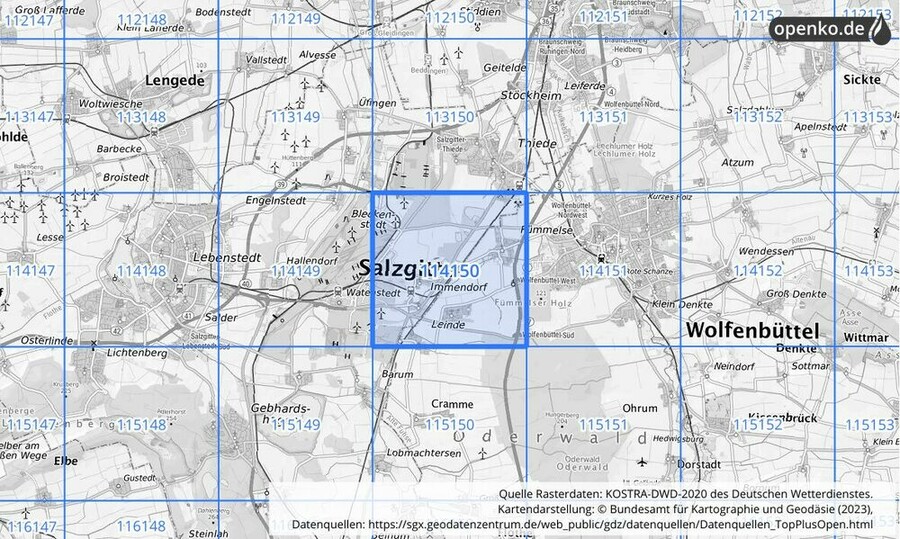 Übersichtskarte des KOSTRA-DWD-2020-Rasterfeldes Nr. 114150