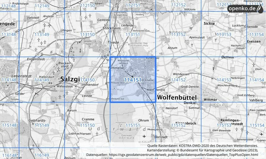 Übersichtskarte des KOSTRA-DWD-2020-Rasterfeldes Nr. 114151