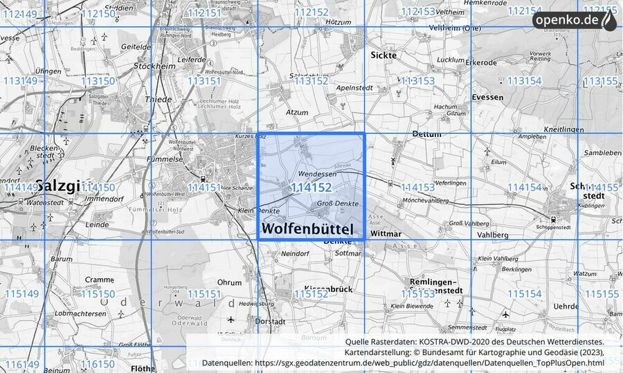 Übersichtskarte des KOSTRA-DWD-2020-Rasterfeldes Nr. 114152